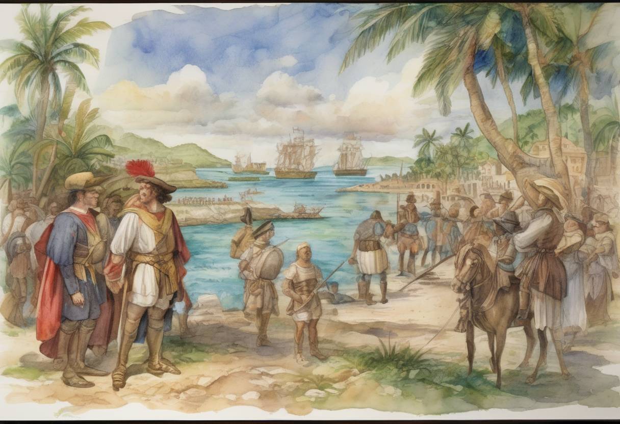 Watercolor painting based depiction of Christopher Columbus became the first European to set foot on the island of Hispaniola, which is now divided into Haiti and the Dominican Republic. (1492)