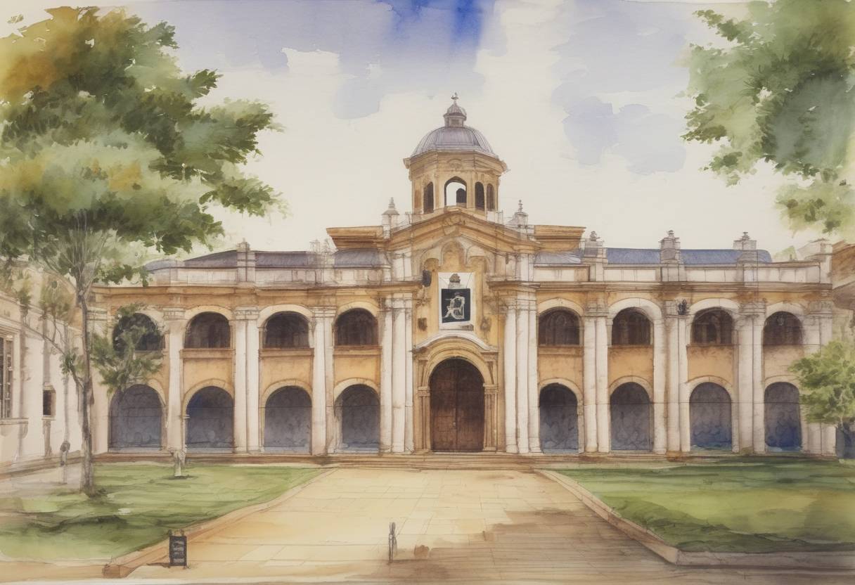 Watercolor painting based depiction of The first university in the New World, Universidad Santo Tomás de Aquino, is established in what is now the Dominican Republic. (1538)
