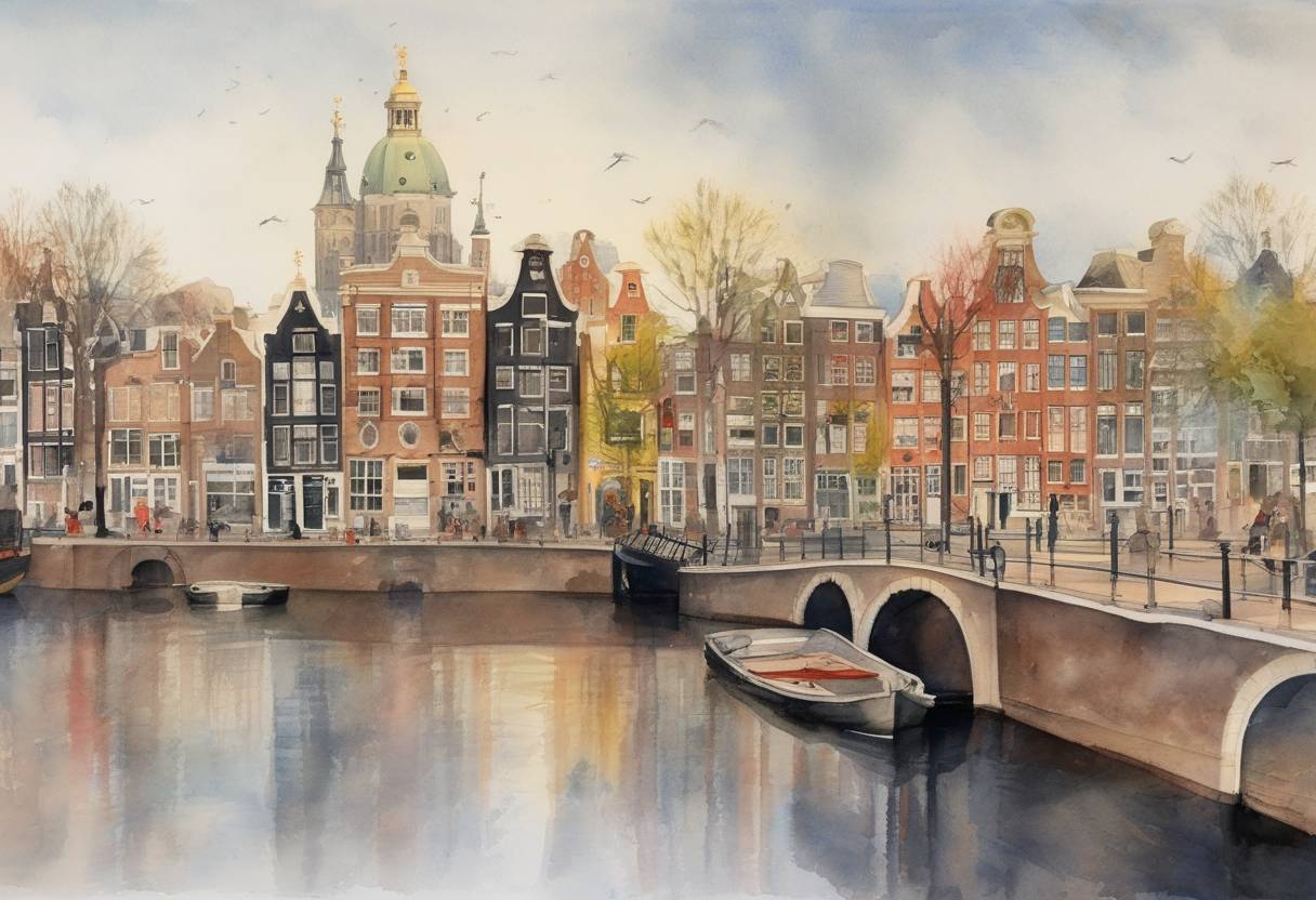 Watercolor painting based depiction of Traditional founding of the city of Amsterdam, Netherlands, marked by the granting of city rights. (1275)