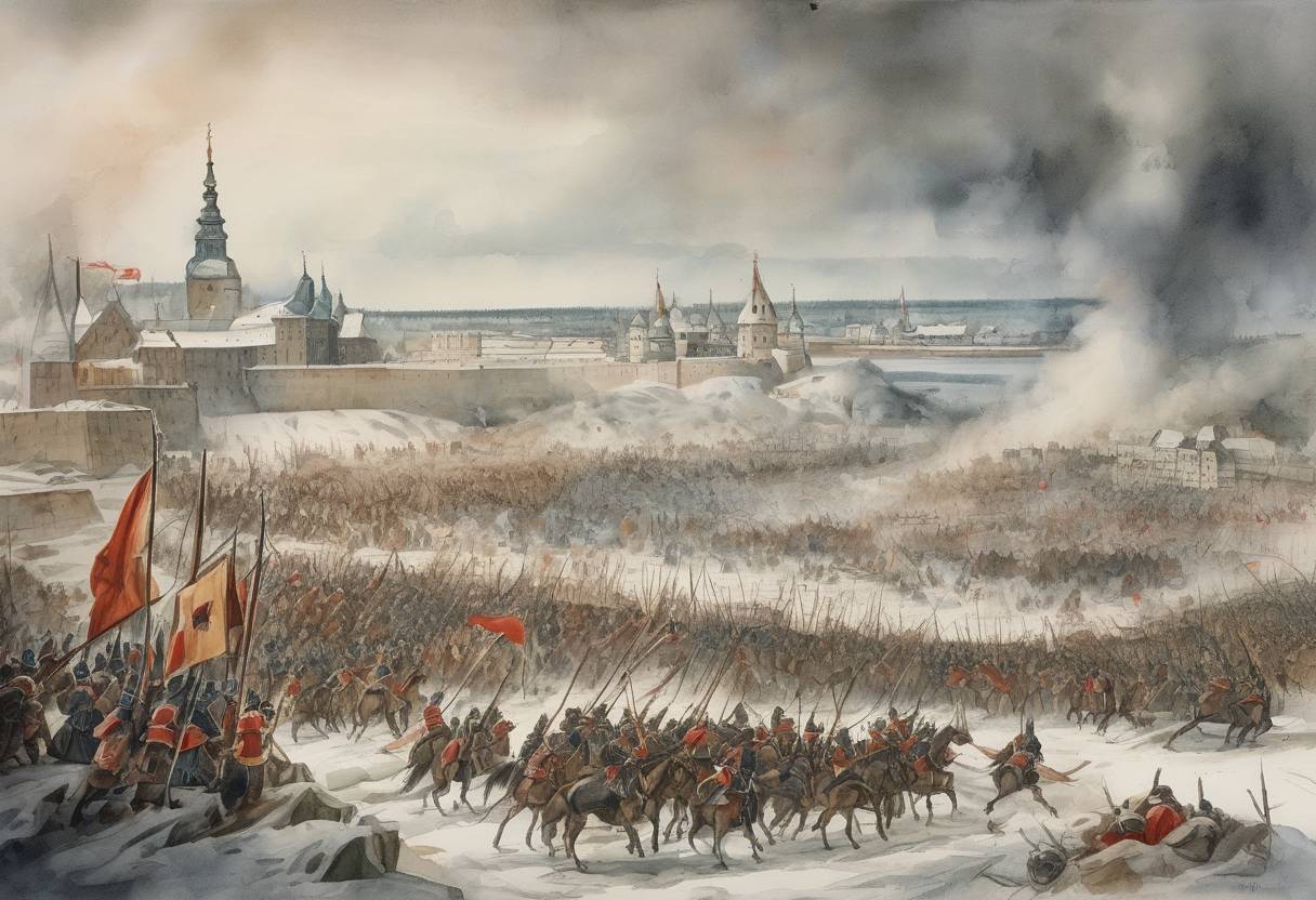 Watercolor painting based depiction of The Battle of Narva took place during the Great Northern War, where Swedish forces under King Charles XII defeated a much larger Russian army. (1700)