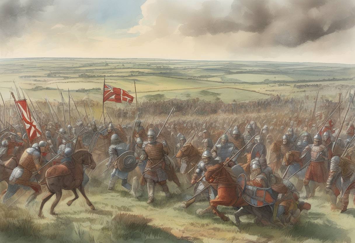 Watercolor painting based depiction of The Battle of Marton, where the forces of King Æthelred of Wessex and his brother Alfred (later known as Alfred the Great) fought against the invading Danish Vikings. (871)