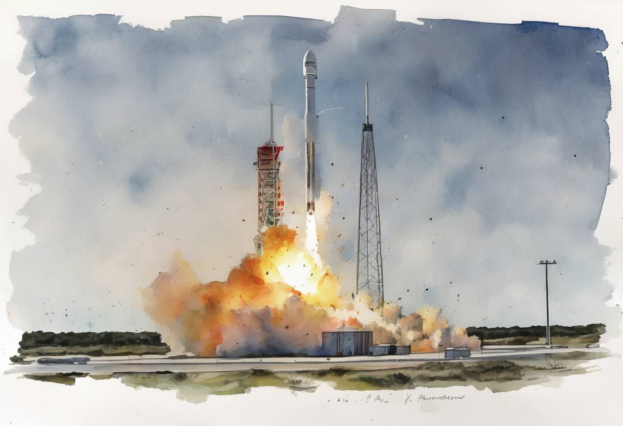 Watercolor painting based depiction of A SpaceX Falcon 9 rocket exploded during a routine test at Cape Canaveral, Florida, destroying the rocket and its payload, the AMOS-6 satellite. (2016)