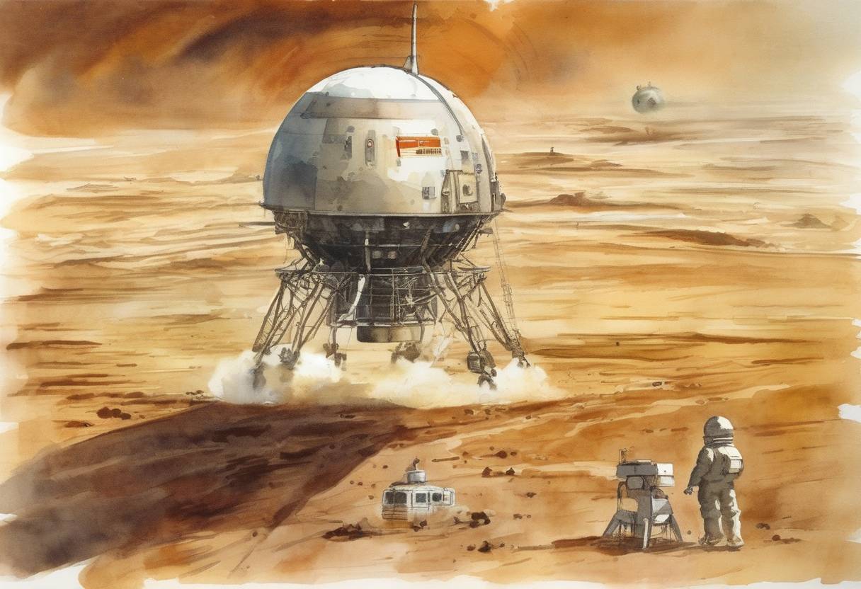 Watercolor painting based depiction of The Soviet spacecraft Venera 7 successfully lands on Venus, becoming the first spacecraft to return data from the surface of another planet. (1970)