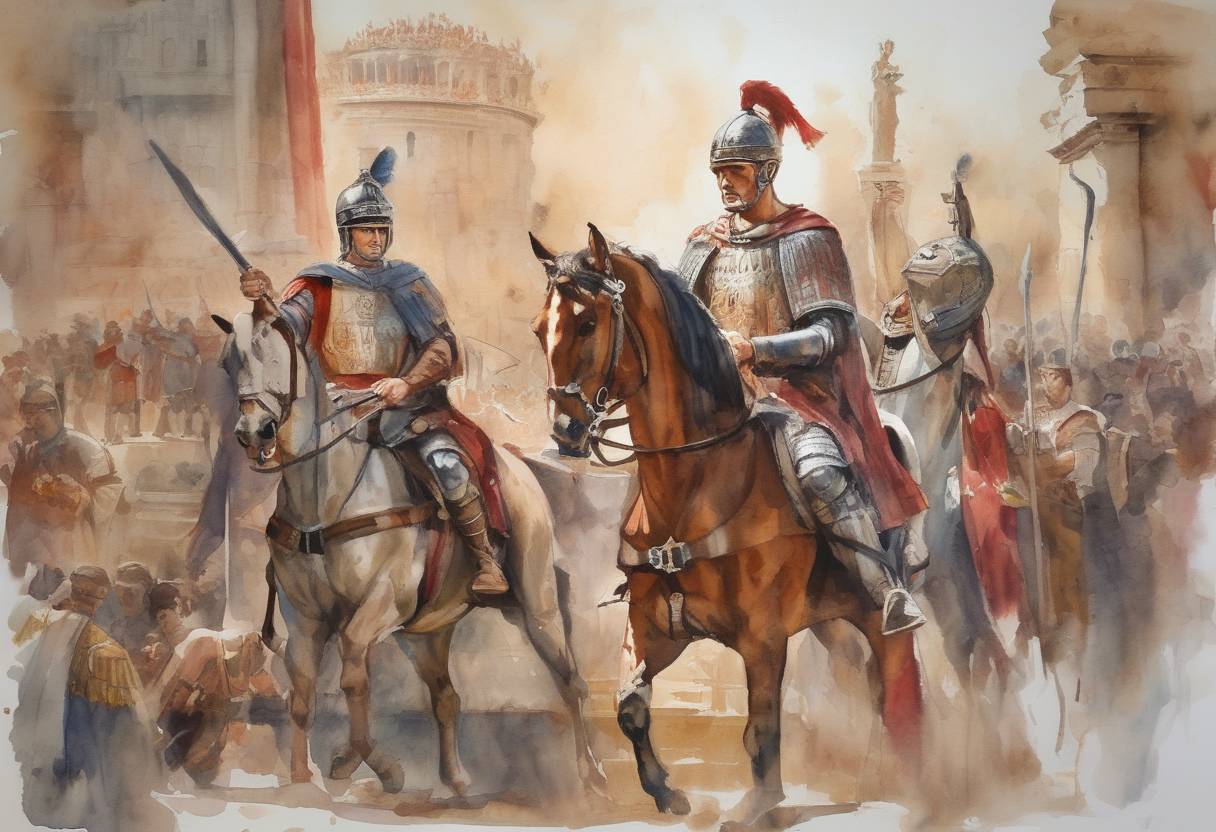 Watercolor painting based depiction of Constantine II, Constantius II, and Constans I succeed their father Constantine the Great as co-emperors of the Roman Empire, marking the beginning of the division of the empire among his sons. (337)