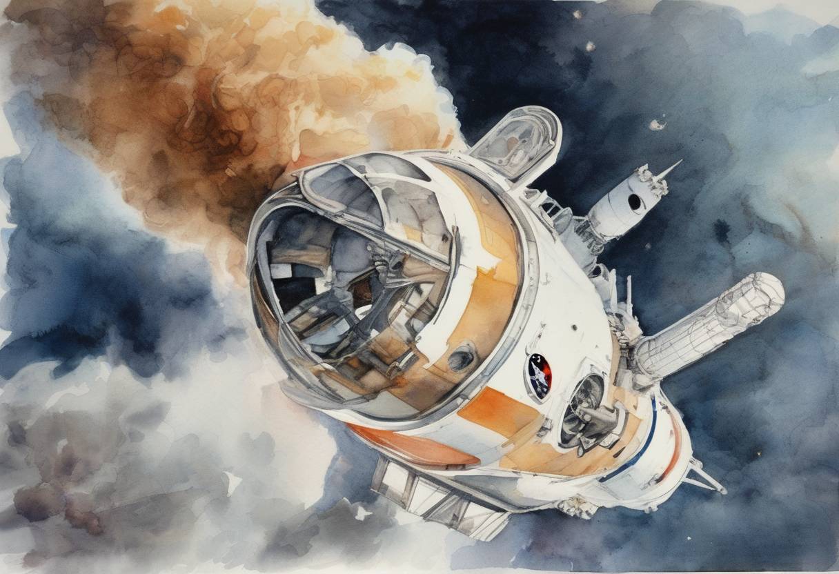 Watercolor painting based depiction of NASA launched Apollo 7, the first successful manned mission in the Apollo program, which orbited the Earth and tested the Command/Service Module. (1968)