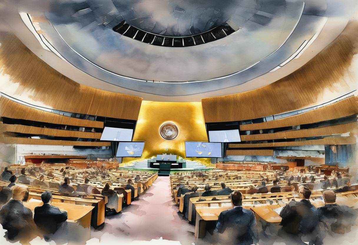 Watercolor painting based depiction of The United Nations General Assembly holds an emergency special session to address the Russian invasion of Ukraine, marking a rare occurrence of such a session. (2022)
