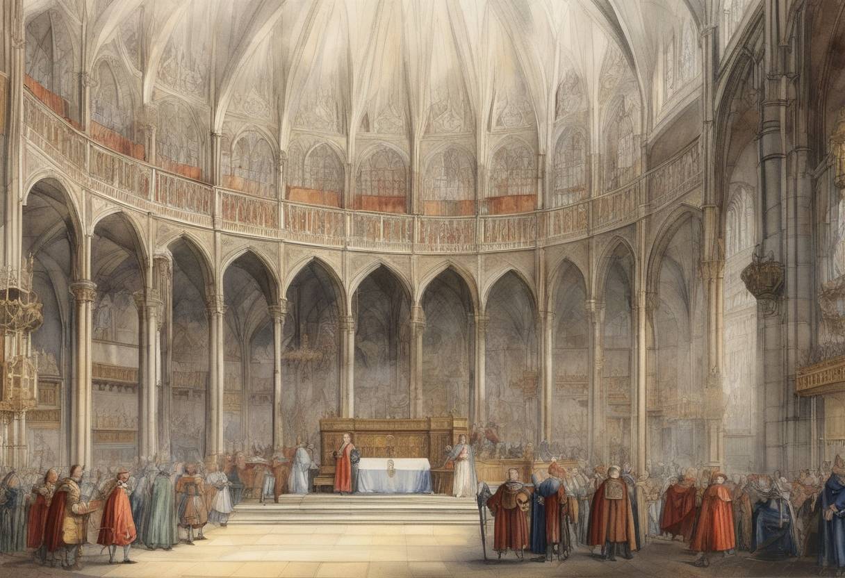 Watercolor painting based depiction of The Parliament of England passed the Act of Supremacy, establishing King Henry VIII as the Supreme Head of the Church of England. (1534)