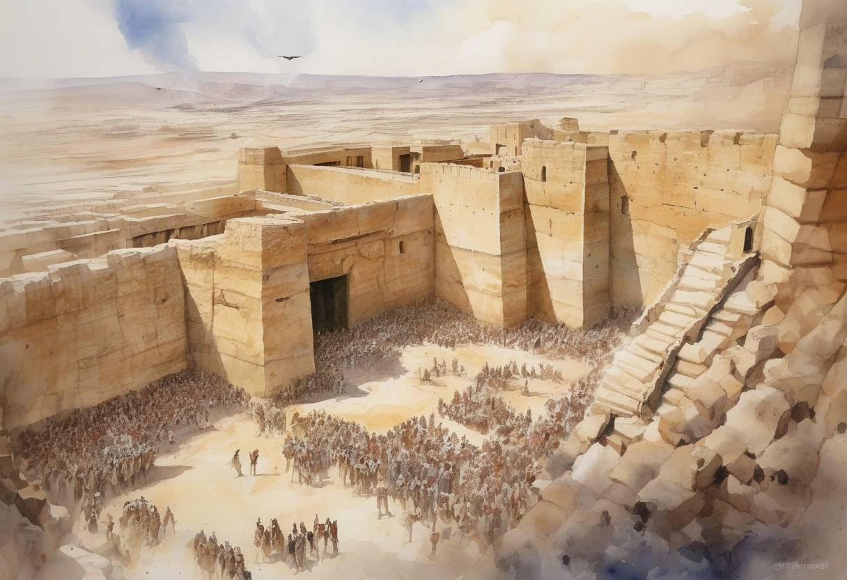 Watercolor painting based depiction of The Siege of Masada ends with the fall of the Jewish fortress to the Roman Empire, marking the end of the First Jewish-Roman War. (73)