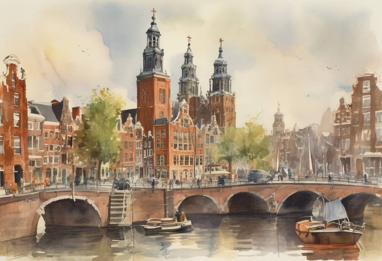 Watercolor painting based depiction of The World Council of Churches was founded in Amsterdam. (1948)