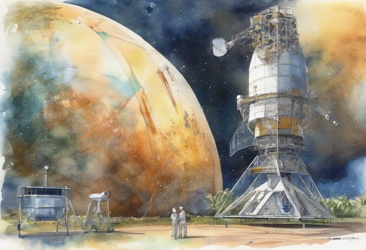 Watercolor painting based depiction of The European Space Agency launched the Planck satellite to study the Cosmic Microwave Background, providing insights into the early universe. (2013)