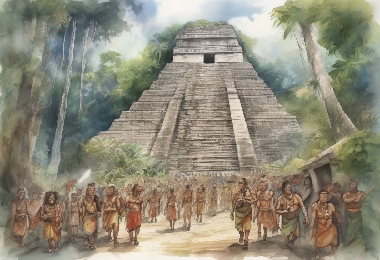 Watercolor painting based depiction of General Siyaj K'ak' arrives in Tikal, marking a significant event in the history of the Maya civilization. (378)