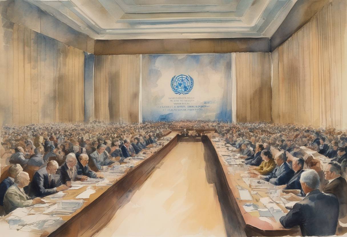 Watercolor painting based depiction of The United Nations Conference on International Organization began in San Francisco, leading to the creation of the United Nations. (1945)