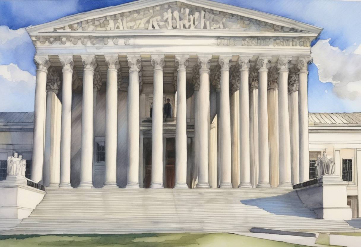 Watercolor painting based depiction of The United States Supreme Court ruled in the case of McCreary County v. American Civil Liberties Union of Kentucky that the display of the Ten Commandments in public schools and courthouses violated the Establishment Clause of the First Amendment. (2005)