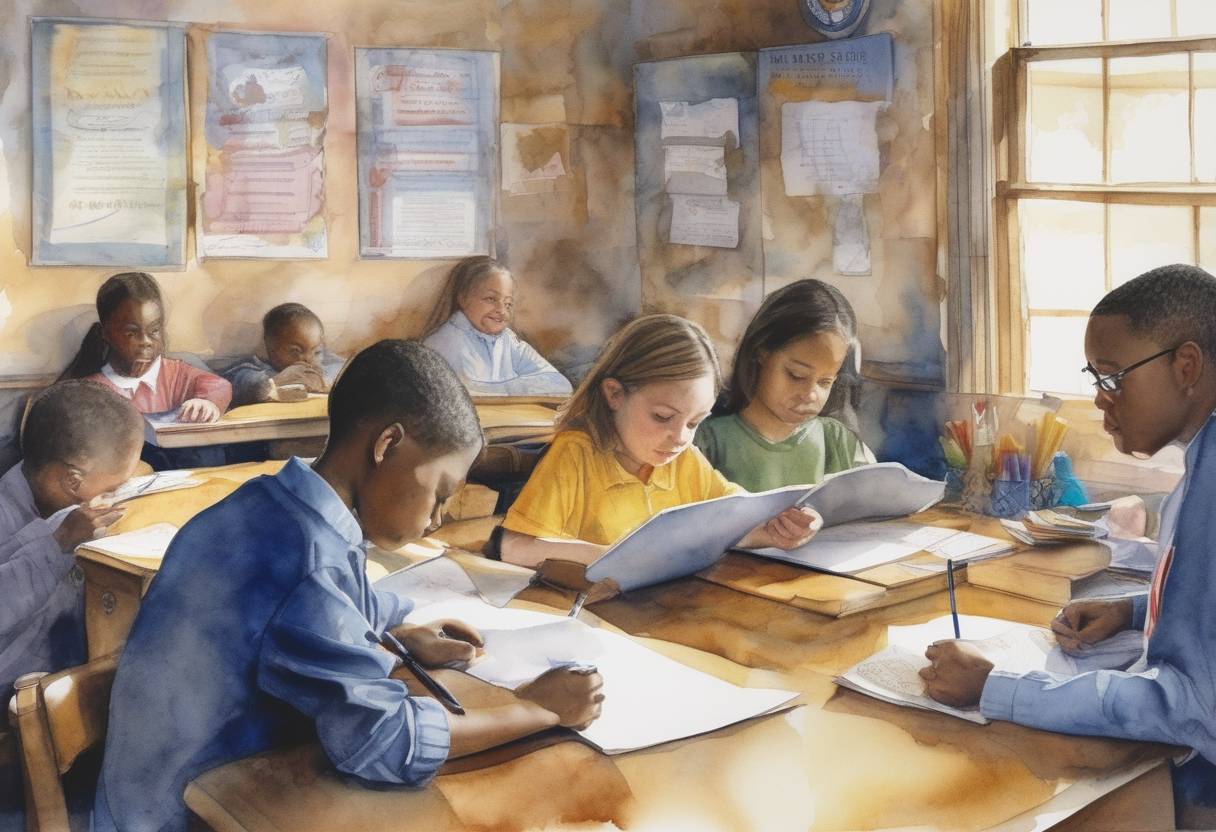 Watercolor painting based depiction of The No Child Left Behind Act is signed into law by U.S. President George W. Bush, aiming to improve student performance and change the culture of America's schools. (2002)