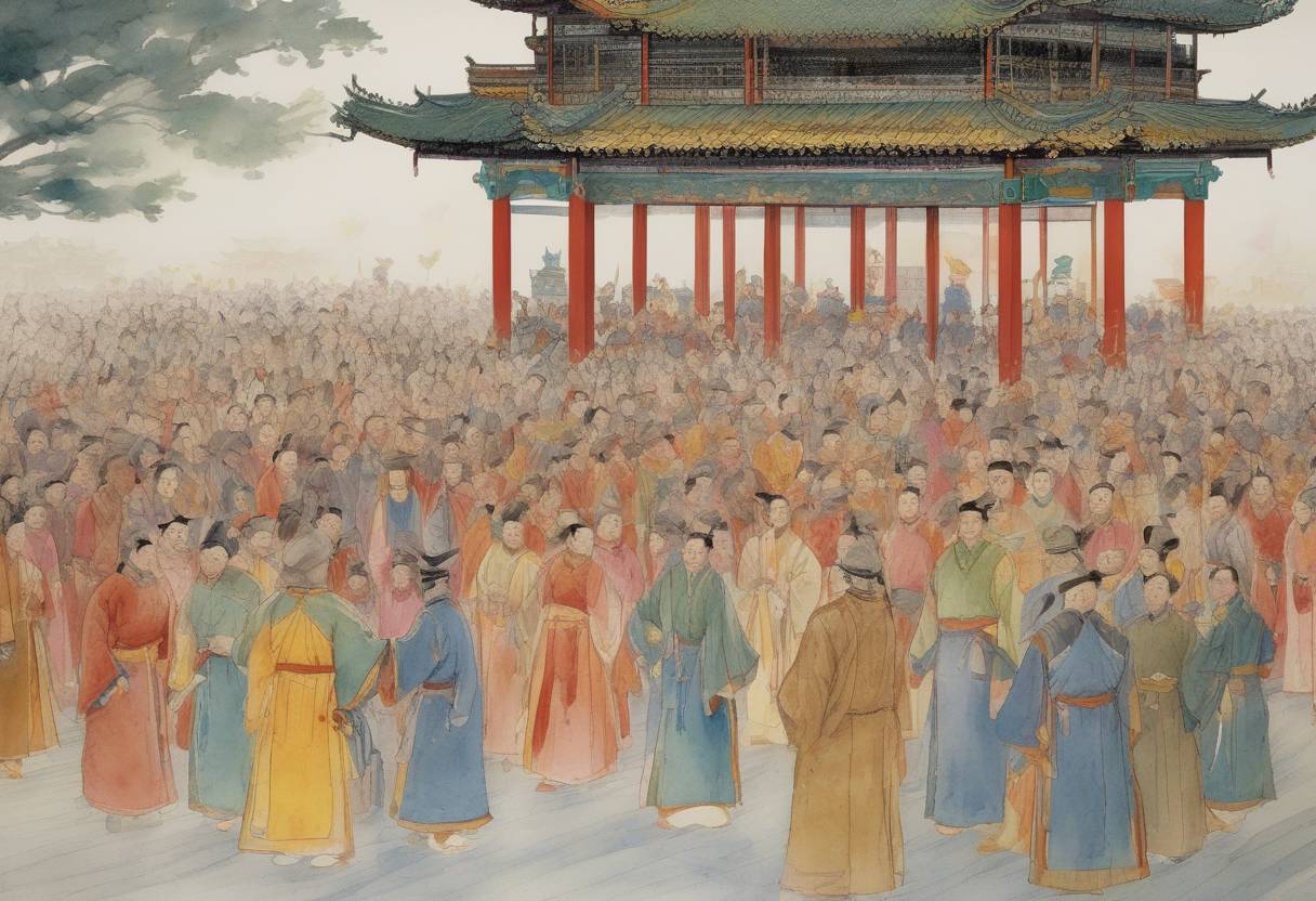 Watercolor painting based depiction of Li Yuan, later known as Emperor Gaozu of Tang, declared himself emperor and established the Tang Dynasty in China, marking the beginning of one of China's most prosperous and culturally significant dynasties. (618)