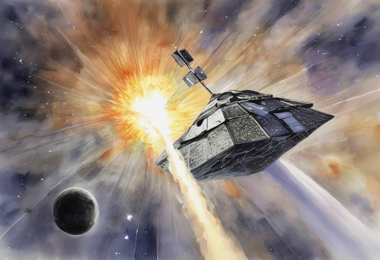 Watercolor painting based depiction of NASA's Deep Impact spacecraft successfully collided with the comet Tempel 1, providing valuable data about the composition of comets. (2005)