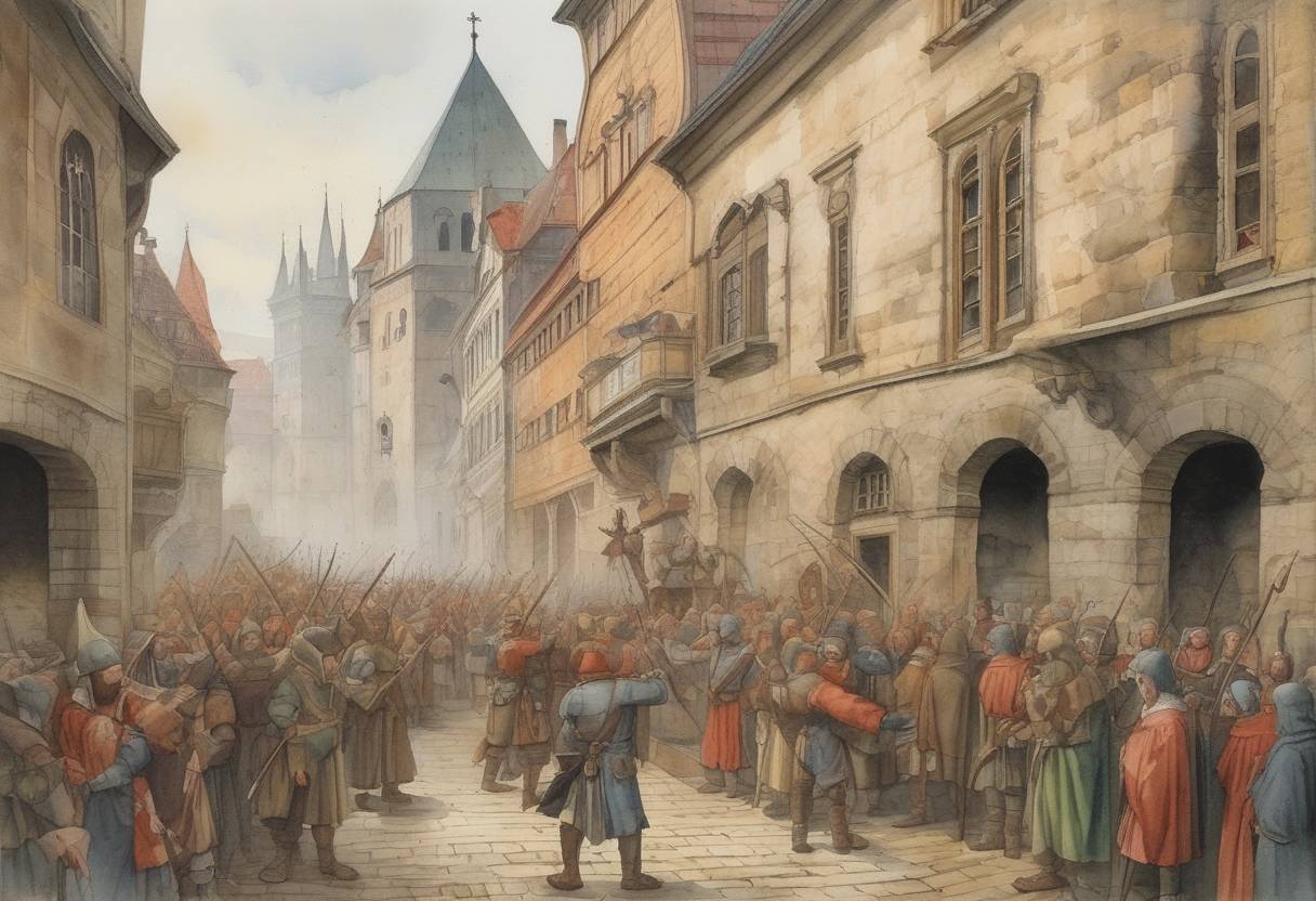 Watercolor painting based depiction of The First Defenestration of Prague occurs, marking the beginning of the Hussite Wars. (1419)