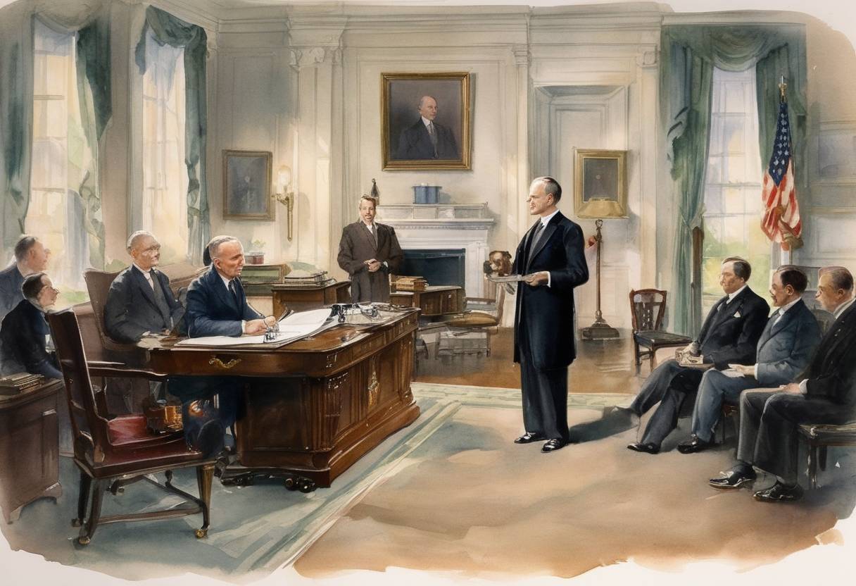 Watercolor painting based depiction of Calvin Coolidge becomes the first President of the United States to deliver a radio broadcast from the White House. (1924)