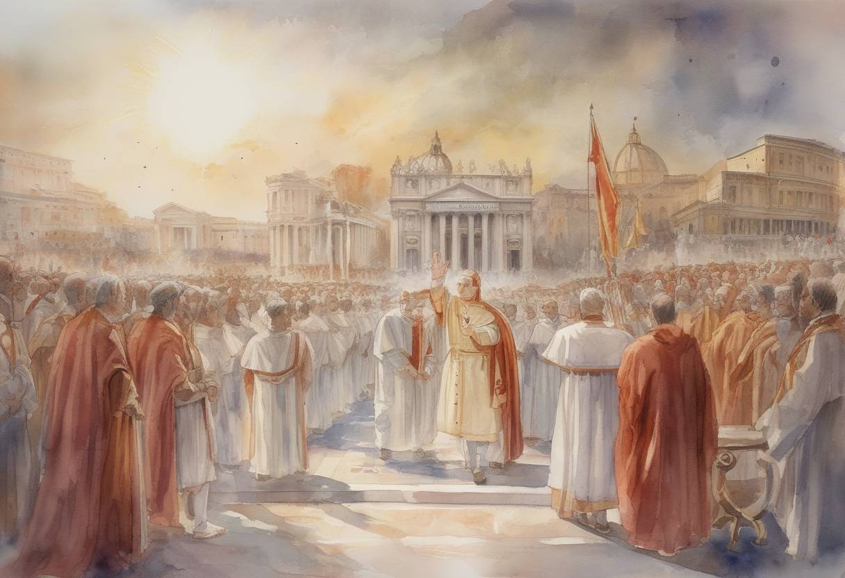 Watercolor painting based depiction of Mercurius becomes Pope John II, the first pope to adopt a new name upon elevation to the papacy. (533)