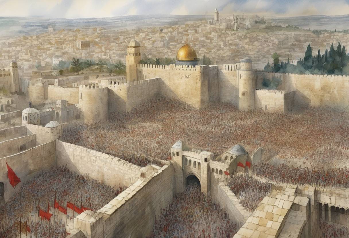 Watercolor painting based depiction of The First Crusade captures Jerusalem, marking a pivotal moment in the Crusades as Christian forces take control of the city from Muslim rule. (1099)