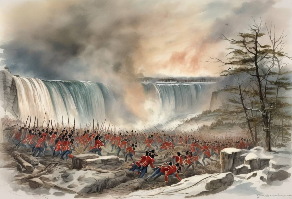 Watercolor painting based depiction of The Battle of Lundy's Lane, one of the bloodiest battles of the War of 1812, was fought in present-day Niagara Falls, Ontario, resulting in a stalemate between American and British forces. (1814)