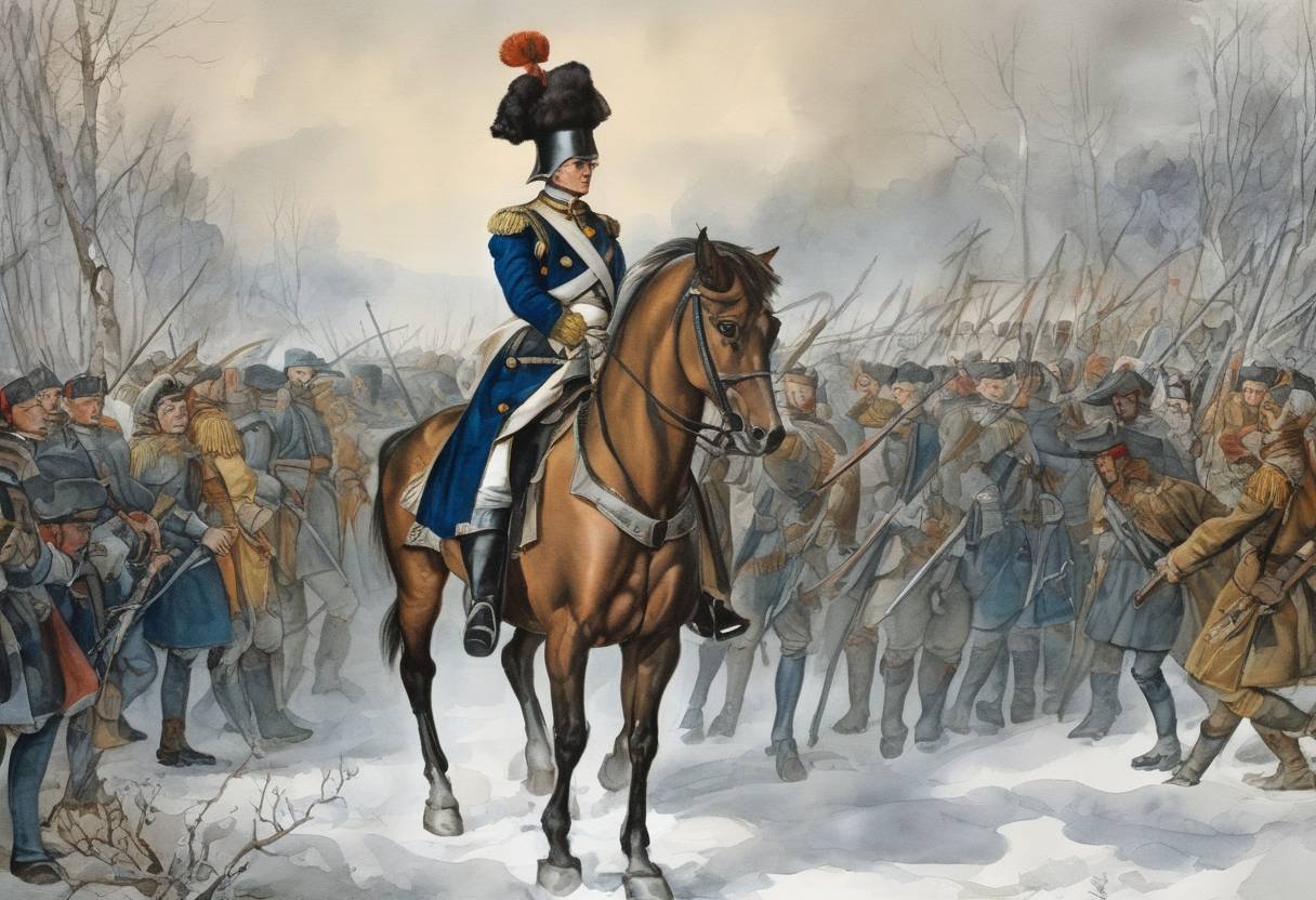 Watercolor painting based depiction of Charles XII of Sweden stopped his march to conquer Moscow outside Smolensk, marking a turning point in the Great Northern War. (1708)
