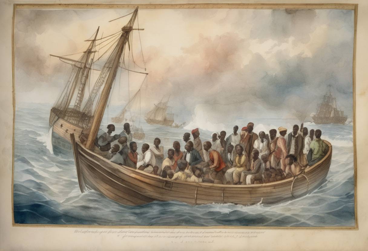 Watercolor painting based depiction of The crew of the British slave ship Zong murdered 133 Africans by dumping them into the sea to claim insurance. (1781)