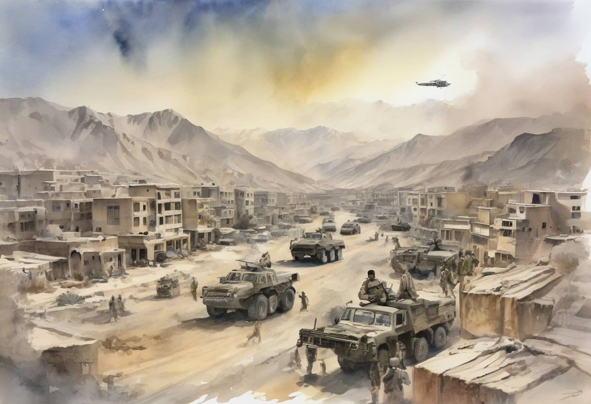 Watercolor painting based depiction of The War in Afghanistan: The Northern Alliance, with the support of U.S. airstrikes, captured Kabul from the Taliban. (2001)