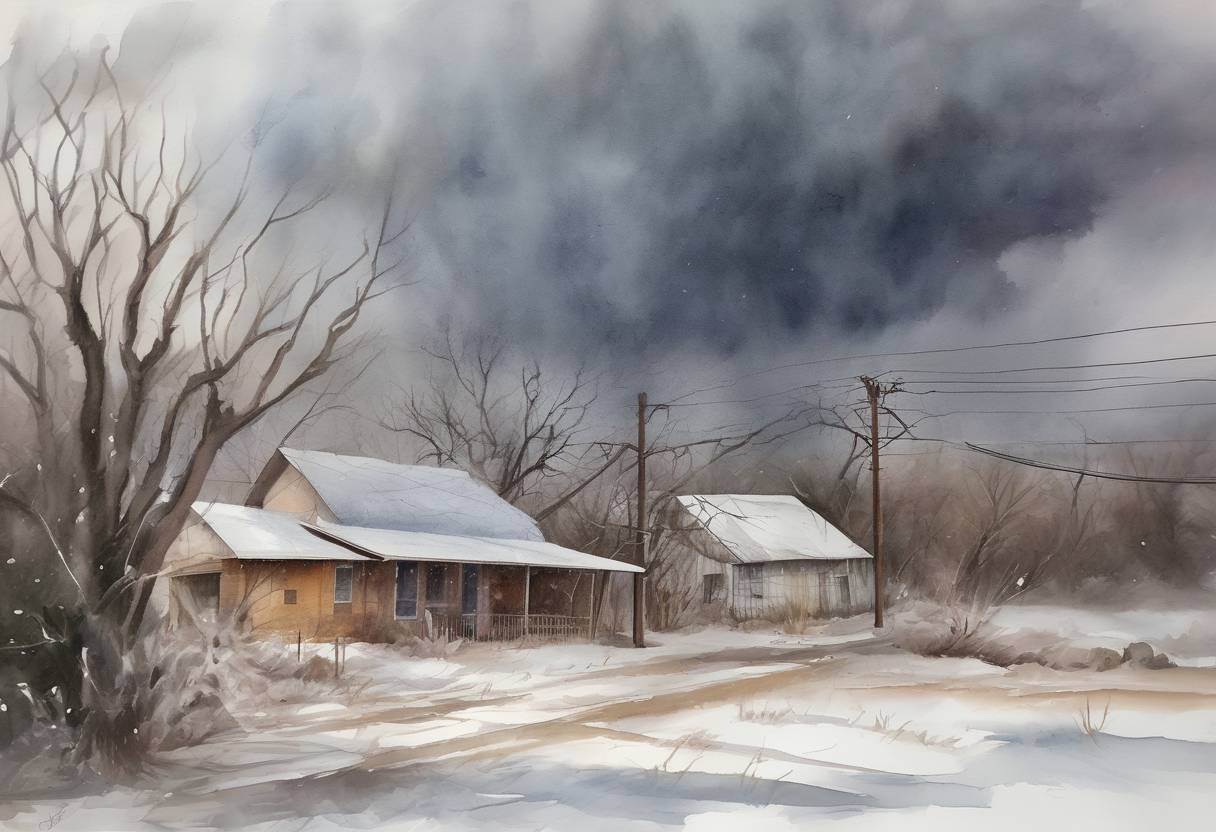 Watercolor painting based depiction of A major winter storm begins to impact the United States, leading to widespread power outages and disruptions, particularly in Texas. (2021)