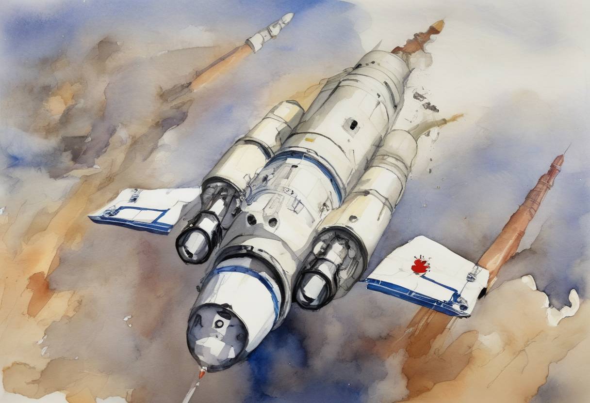 Watercolor painting based depiction of China launches Shenzhou 7, its third human spaceflight mission, which included the country's first spacewalk. (2008)