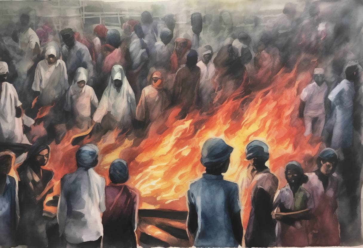 Watercolor painting based depiction of A fire in a garment factory in Dhaka, Bangladesh, resulted in the deaths of at least 112 workers, highlighting ongoing safety issues in the country's garment industry. (2018)