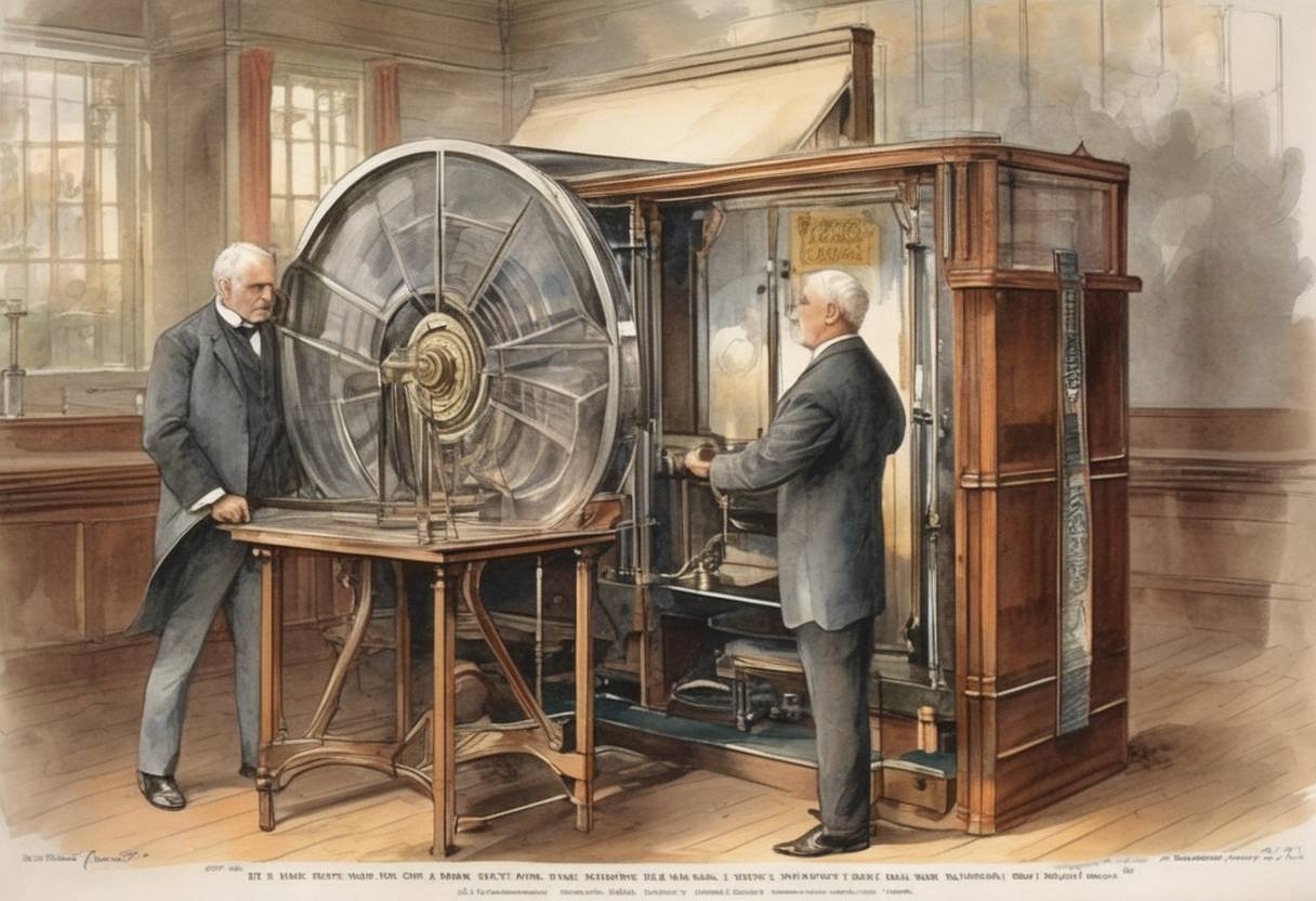 Watercolor painting based depiction of Thomas Edison patented the Kinetoscope, a device for viewing moving pictures. (1897)