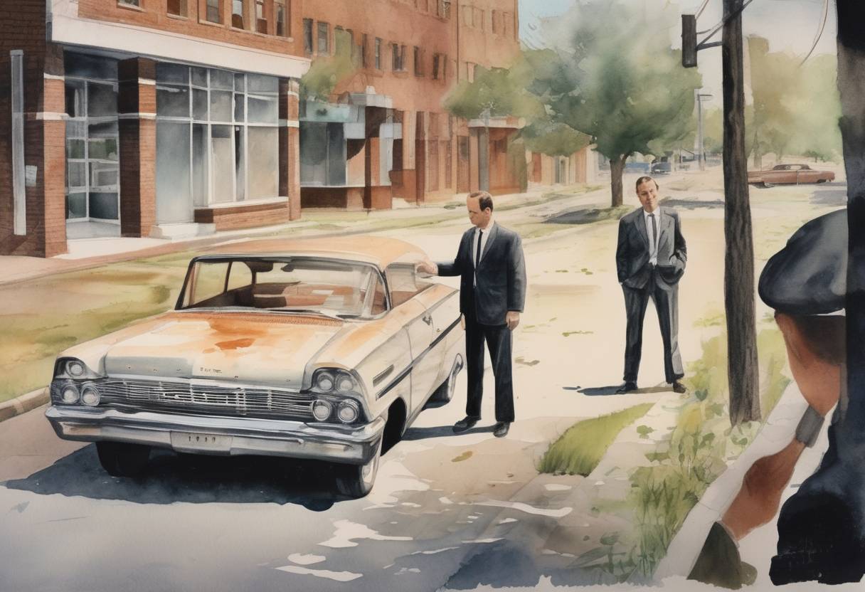 Watercolor painting based depiction of Lee Harvey Oswald, the alleged assassin of U.S. President John F. Kennedy, is shot and killed by Jack Ruby. (1963)