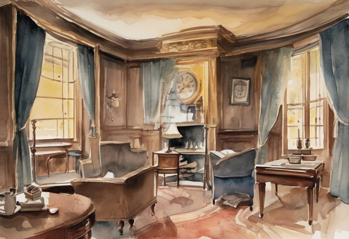 Watercolor painting based depiction of Agatha Christie's play 'The Mousetrap' opened at the Ambassadors Theatre in London, beginning the longest initial run of any play in history. (1952)