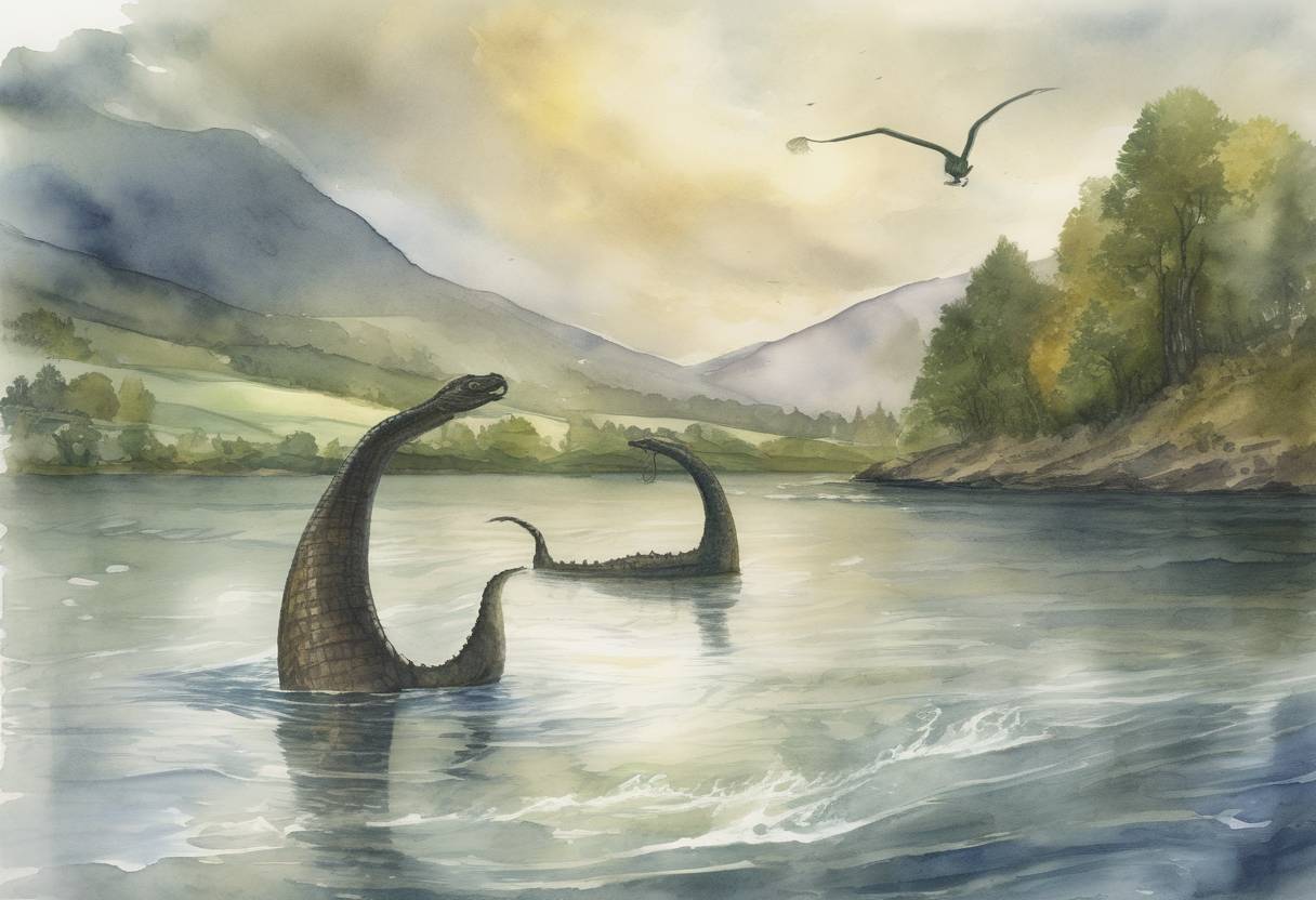 Watercolor painting based depiction of The first known sighting of the Loch Ness Monster was reported by Saint Columba, who allegedly encountered a 'water beast' in the River Ness in Scotland. (565)
