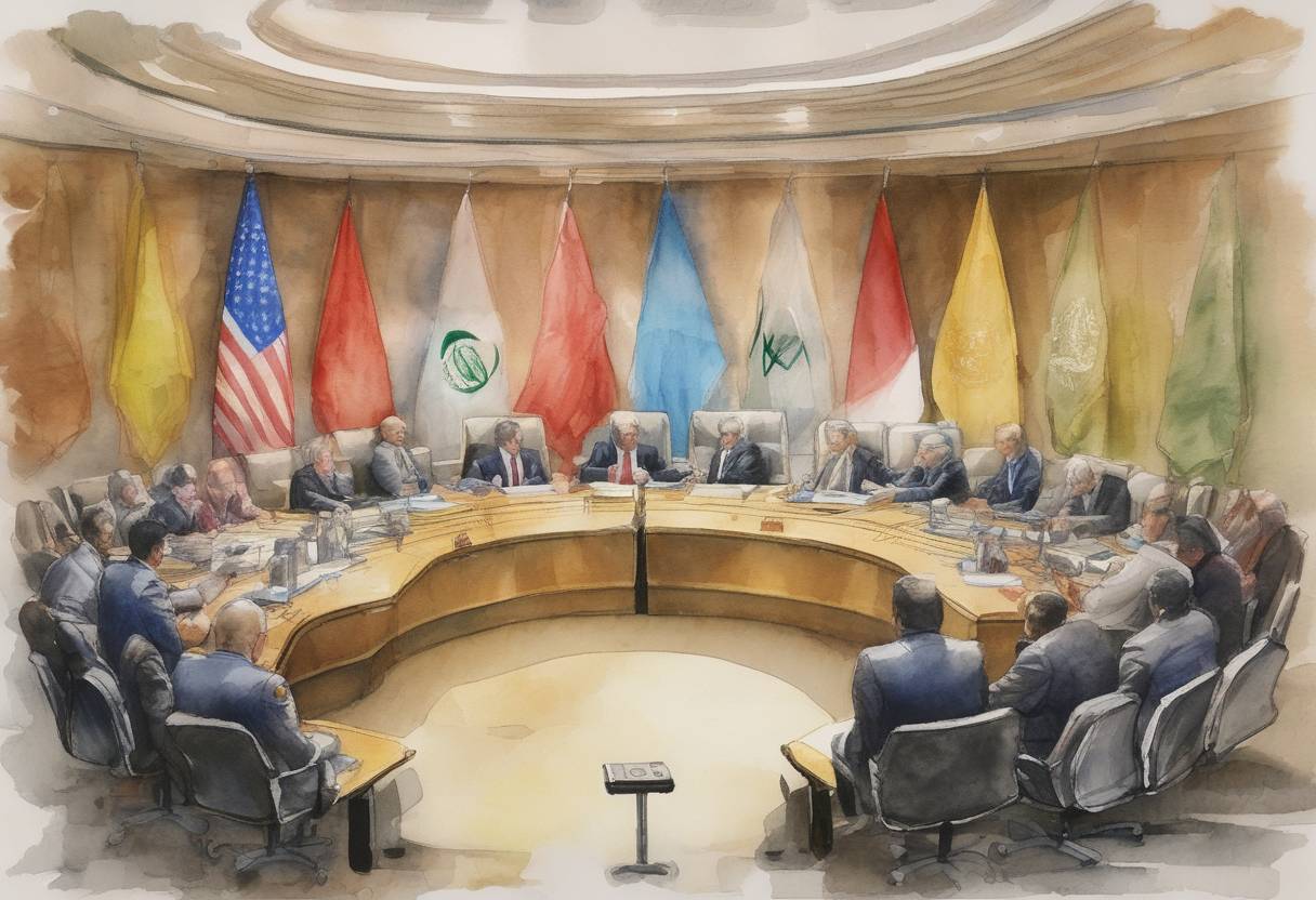 Watercolor painting based depiction of The United Nations Security Council imposed a fourth round of sanctions on Iran over its nuclear program. (2010)