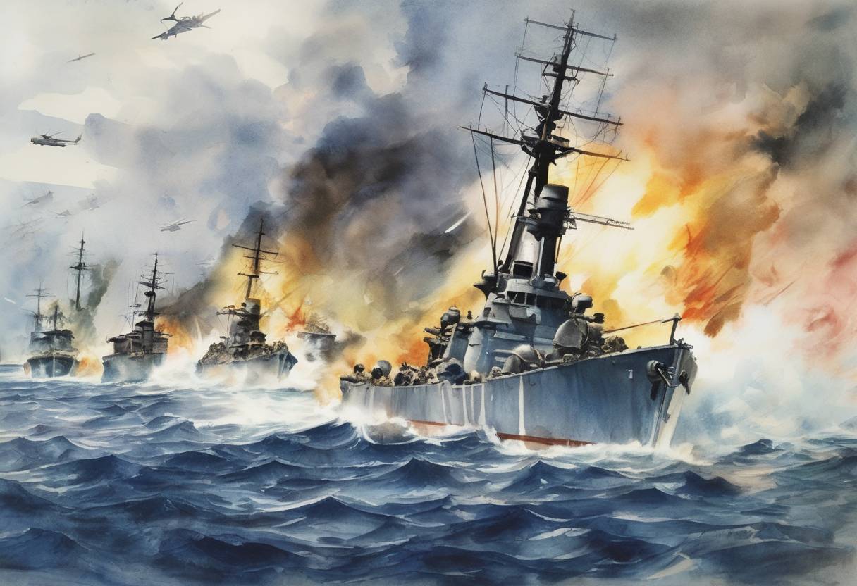 Watercolor painting based depiction of The Battle of Leyte Gulf, one of the largest naval battles in history, concluded. It was a decisive Allied victory in the Pacific Theater of World War II, significantly weakening the Japanese Navy. (1944)