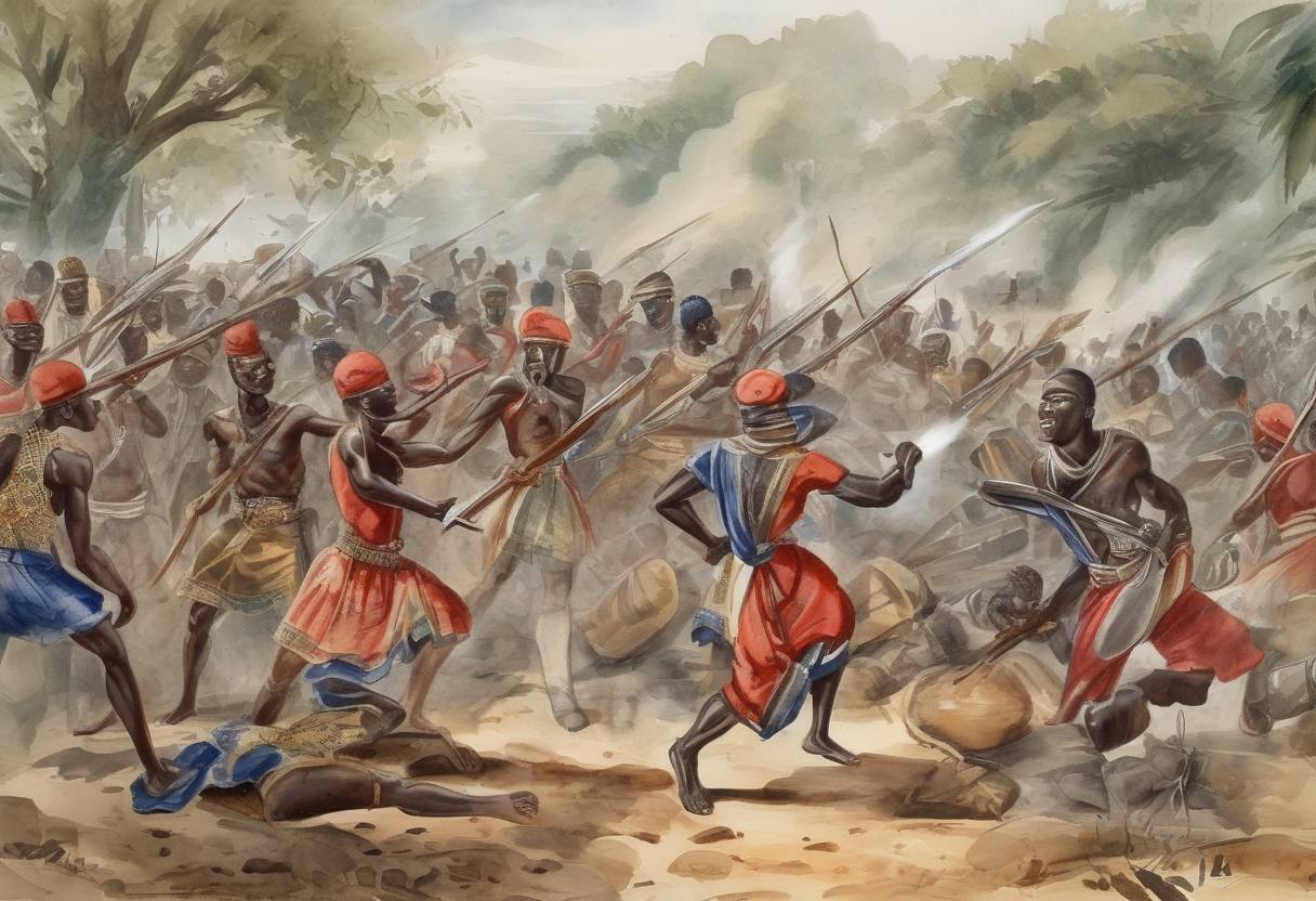 Watercolor painting based depiction of The Ashanti Empire defeats British forces in the Battle of Nsamankow during the First Anglo-Ashanti War. (1824)
