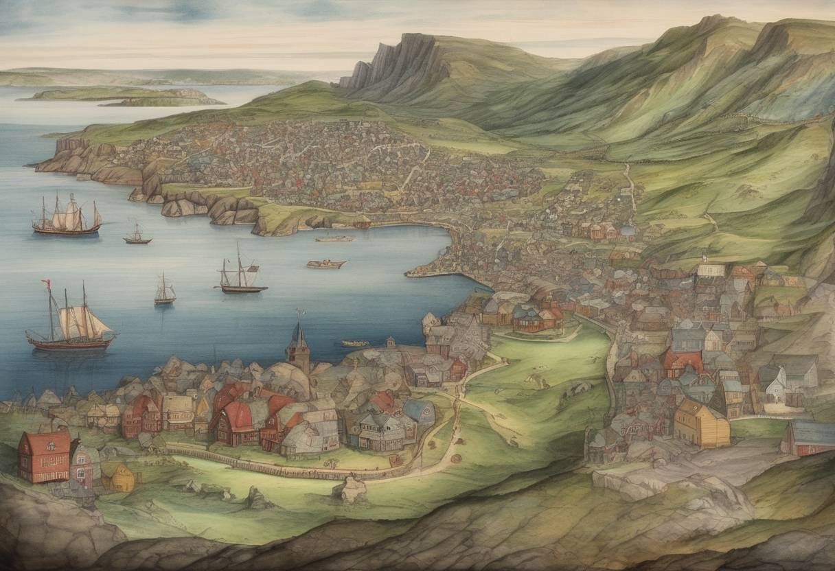 Watercolor painting based depiction of Humphrey Gilbert claimed Newfoundland for the English crown, marking the beginning of the British Empire. (1583)