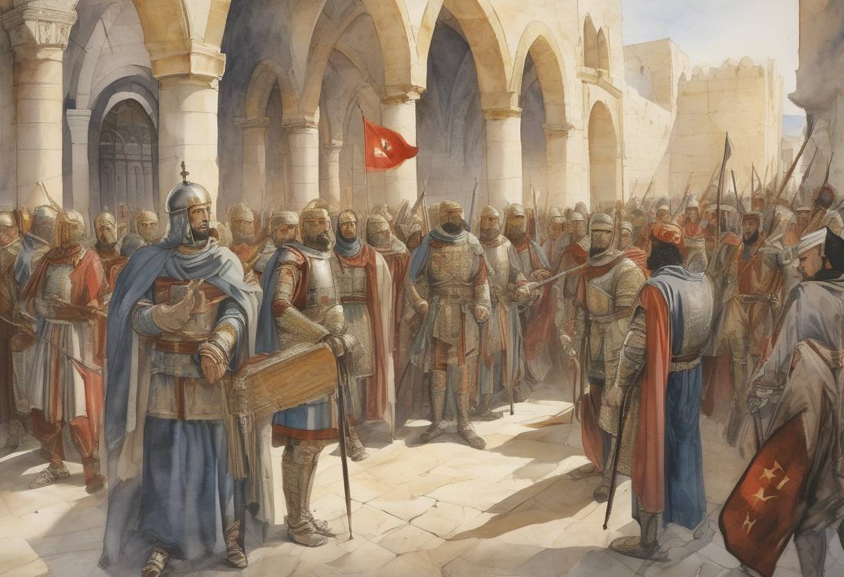 Watercolor painting based depiction of The Eighth Crusade ends as the Treaty of Tunis is signed, marking the conclusion of the last major crusade to the Holy Land. (1270)