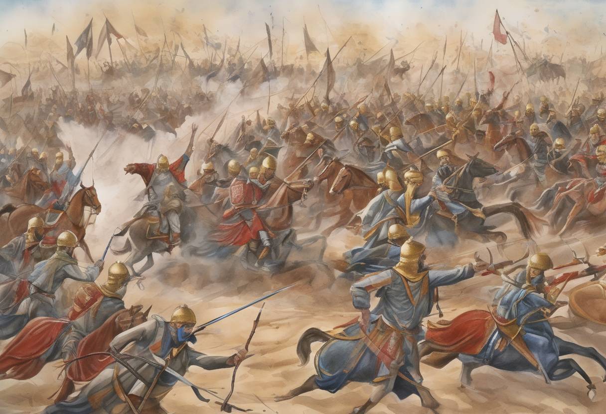 Watercolor painting based depiction of The Abbasid Caliphate defeats the Umayyad forces at the Battle of al-Musayfirah, consolidating their control over the region. (762)