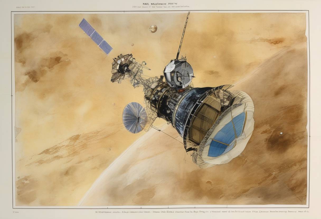Watercolor painting based depiction of NASA's Mariner 2 spacecraft became the first to conduct a successful flyby of Venus, providing valuable data about the planet's atmosphere and surface. (1962)