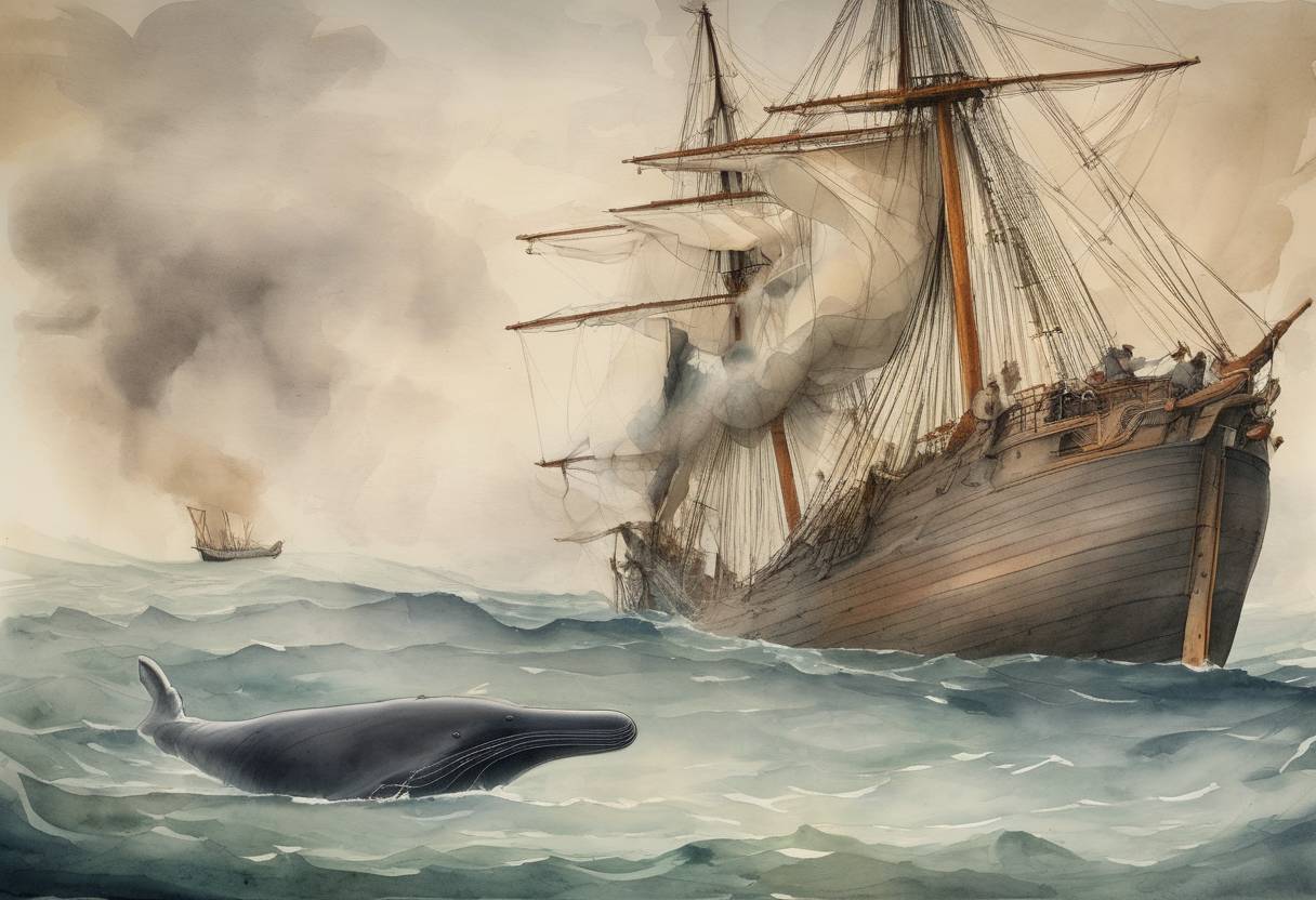 Watercolor painting based depiction of An 80-ton sperm whale attacks and sinks the Essex, a whaling ship from Nantucket, Massachusetts, an event that inspired Herman Melville's novel Moby-Dick. (1820)
