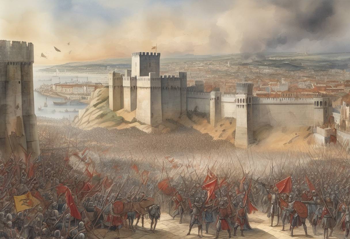 Watercolor painting based depiction of The Siege of Lisbon ends as the city is captured by Afonso I of Portugal and his Christian forces, marking a significant victory during the Second Crusade. (1147)