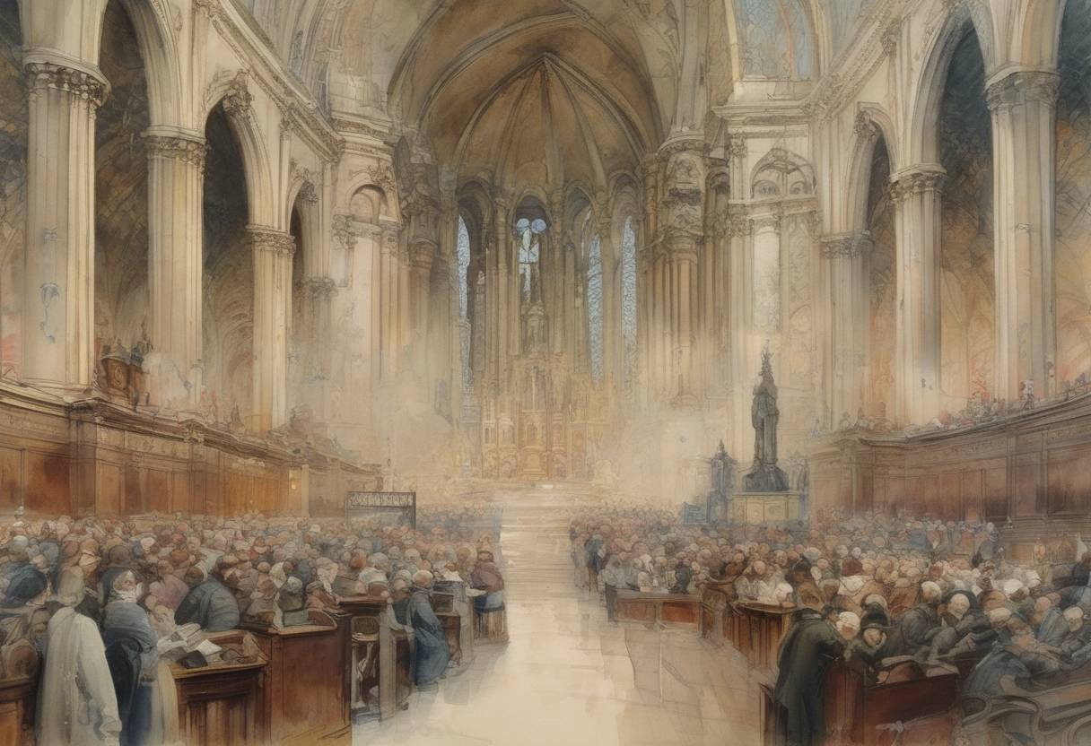 Watercolor painting based depiction of The French law on the Separation of the Churches and the State is passed, establishing state secularism in France and ending the funding of religious groups by the government. (1905)