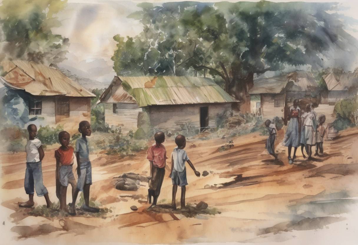 Watercolor painting based depiction of The Rwandan Genocide began following the assassination of Rwandan President Juvénal Habyarimana when his plane was shot down. (1994)