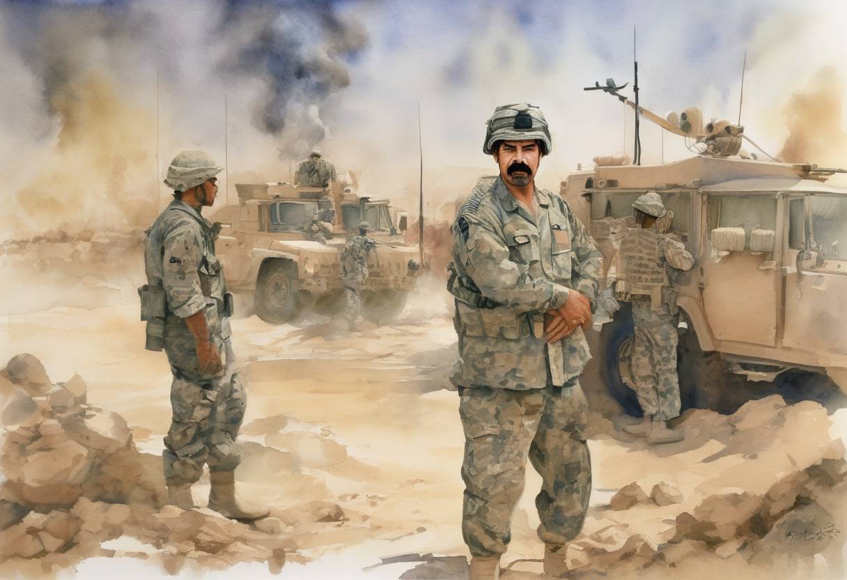 Watercolor painting based depiction of The United States announced the capture of former Iraqi President Saddam Hussein, who had been hiding in a hole near his hometown of Tikrit. (2003)