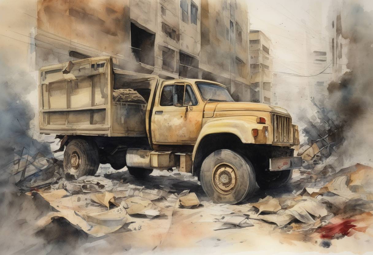 Watercolor painting based depiction of A suicide bomber in a truck attacked the U.S. Embassy annex in Beirut, Lebanon, killing 24 people, including two Americans. (1984)