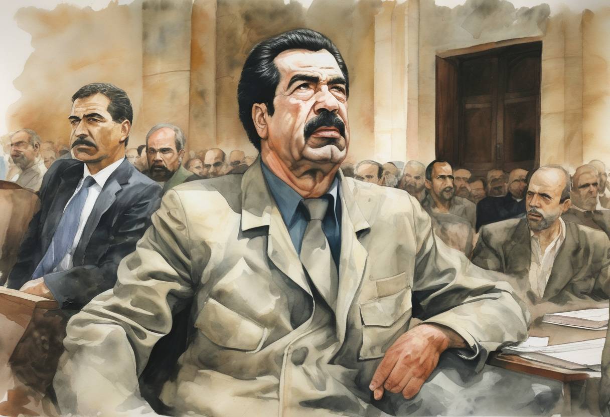 Watercolor painting based depiction of Saddam Hussein's trial for crimes against humanity began in Baghdad, Iraq. The trial was significant as it marked a pivotal moment in post-invasion Iraq, aiming to bring justice for atrocities committed during his regime. (2005)