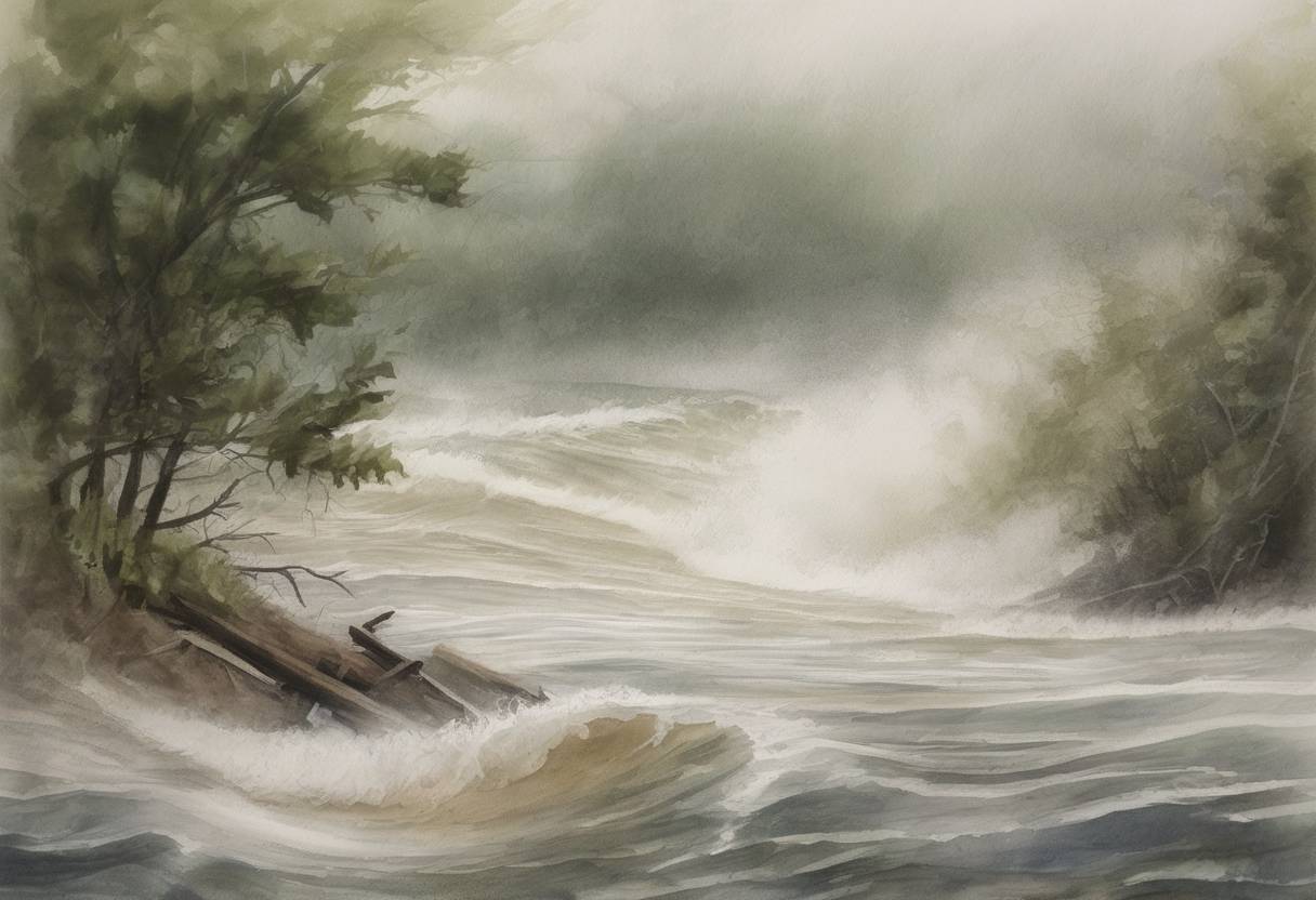 Watercolor painting based depiction of Hurricane Irene made landfall in North Carolina, USA, causing widespread damage along the East Coast of the United States. It was one of the costliest hurricanes in U.S. history at the time. (2011)